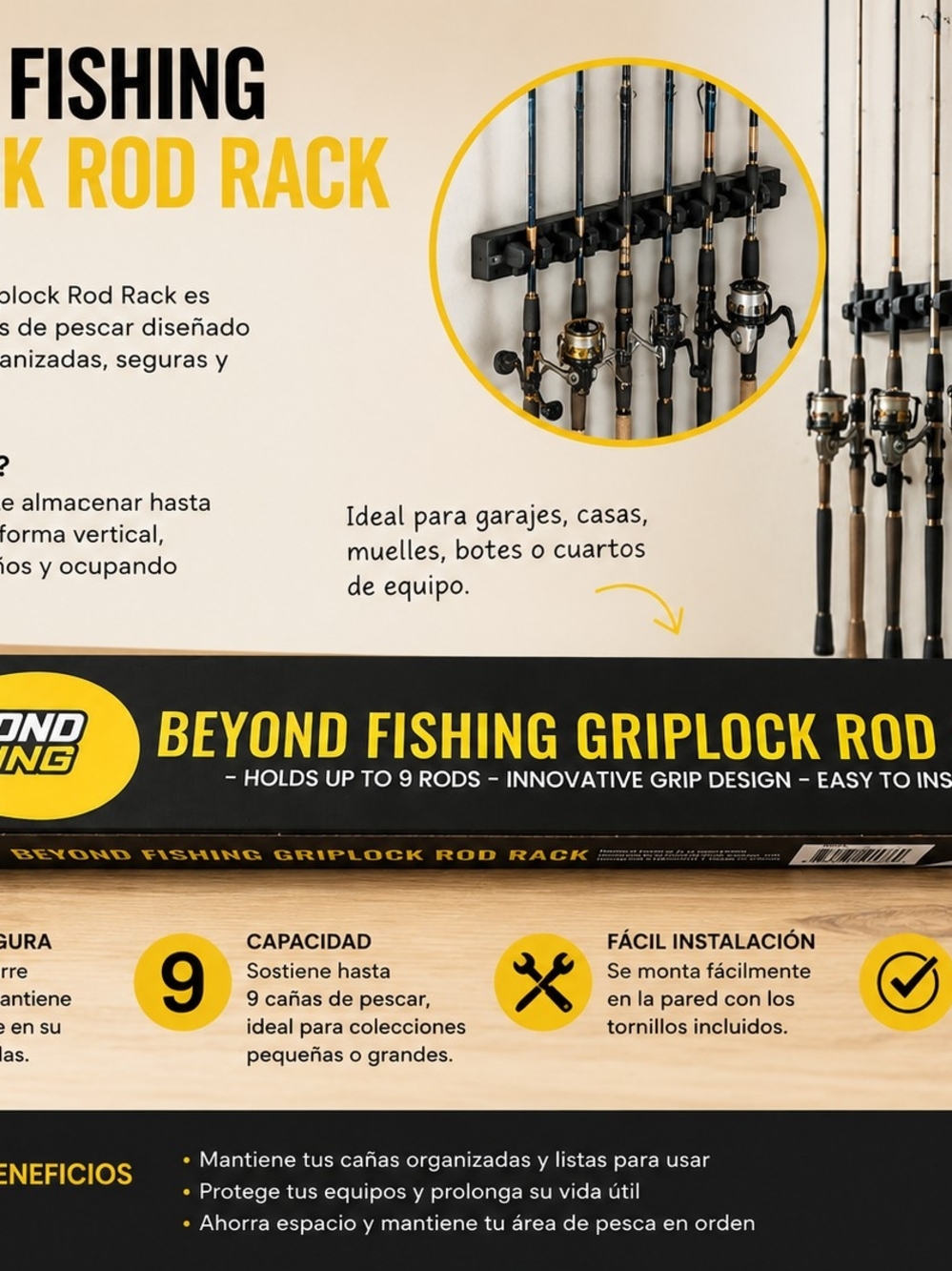 Beyond Fishing GripLock Rod Rack – Holds Up to 9 Fishing Rods